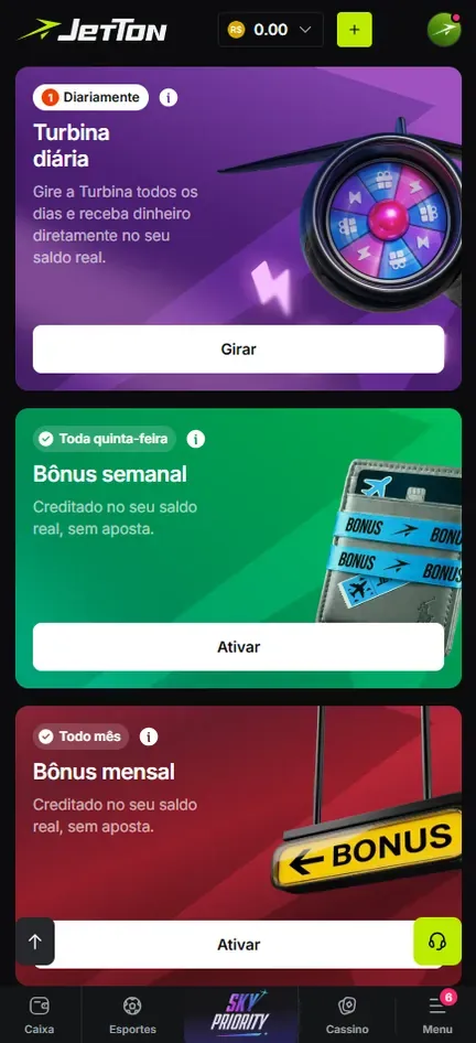 Cartões Turbina diária, Bônus semanal e Bônus mensal na área de promoções da Jetton, com botões Girar e Ativar