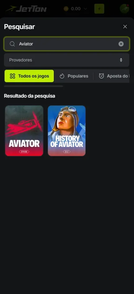 Pesquisar da Jetton com a palavra Aviator e dois resultados: o crash da Spribe e History of Aviator