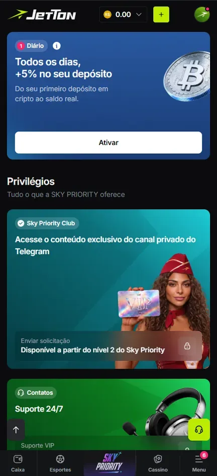 Tela da Jetton com o card diário de +5% no primeiro depósito em cripto e a seção Privilégios: Sky Priority Club com Enviar solicitação a partir do nível 2 e o card Suporte 24/7