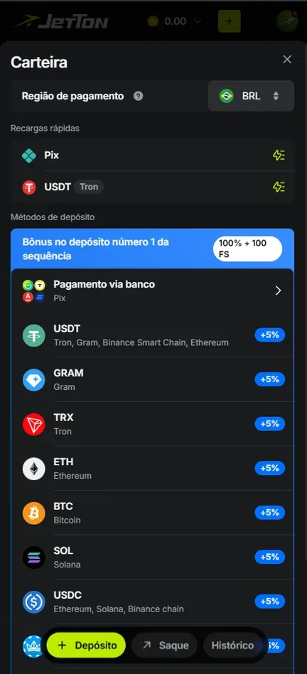 Lista de métodos de depósito da Carteira da Jetton com Pagamento via banco Pix e moedas USDT, GRAM, TRX, ETH, BTC, SOL e USDC com selo +5%; a última linha, também com +5%, fica coberta pelos botões Depósito, Saque e Histórico