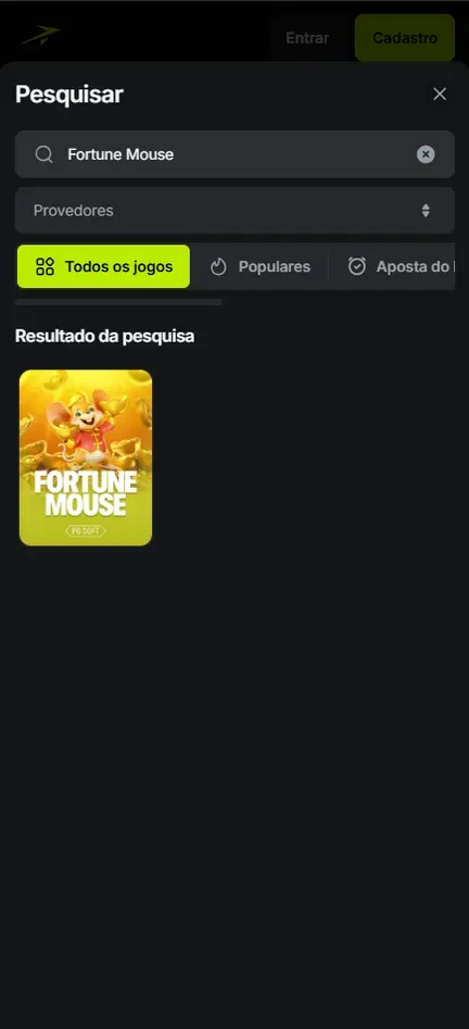 Pesquisar da Jetton com Fortune Mouse no campo, uma capa da PG Soft no resultado e os botões Entrar e Cadastro no alto