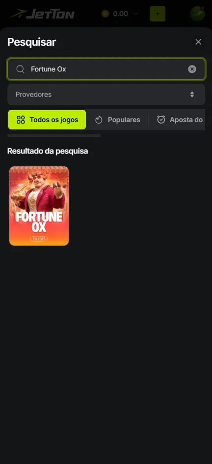 Busca da Jetton com Fortune Ox digitado e uma única capa da PG Soft no resultado