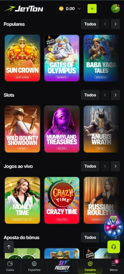 Aba Cassino da Jetton no celular com faixas Populares, Slots, Jogos ao vivo e Aposta do bônus