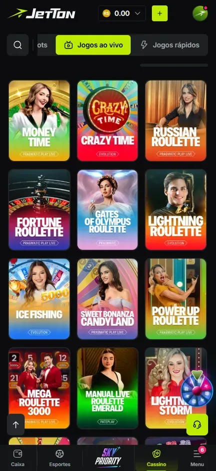 Grade Jogos ao vivo da Jetton com capas de roletas, game shows e Ice Fishing, cada uma com o selo do estúdio