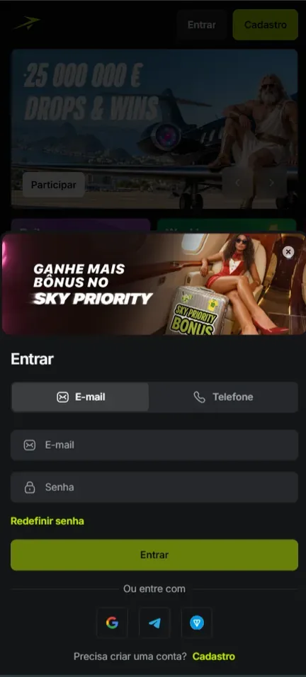 Tela Entrar da Jetton no celular, sob o banner do Sky Priority, com abas E-mail e Telefone, campos E-mail e Senha, link Redefinir senha, botão Entrar e ícones Google, Telegram e TON