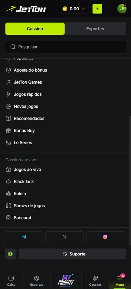 Menu da Jetton rolado até Cassino ao vivo, com Jogos ao vivo, BlackJack, Roleta, Shows de jogos e Baccarat, e uma fileira de ícones de Telegram, X e Instagram acima do botão Suporte