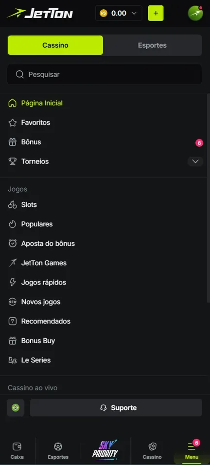 Menu da Jetton com a chave Cassino e Esportes, o campo Pesquisar e a lista de categorias de jogos