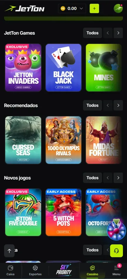 Faixas JetTon Games, Recomendados e Novos jogos no lobby da Jetton