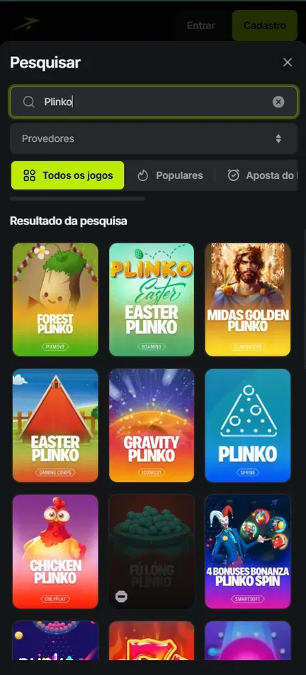 Lupa da Jetton sem login com a palavra Plinko e capas de vários estúdios no resultado