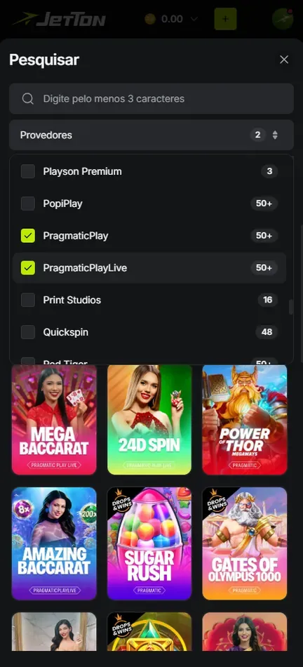 Filtro Provedores aberto na busca da Jetton, com PragmaticPlay e PragmaticPlayLive marcados e contadores ao lado dos estúdios