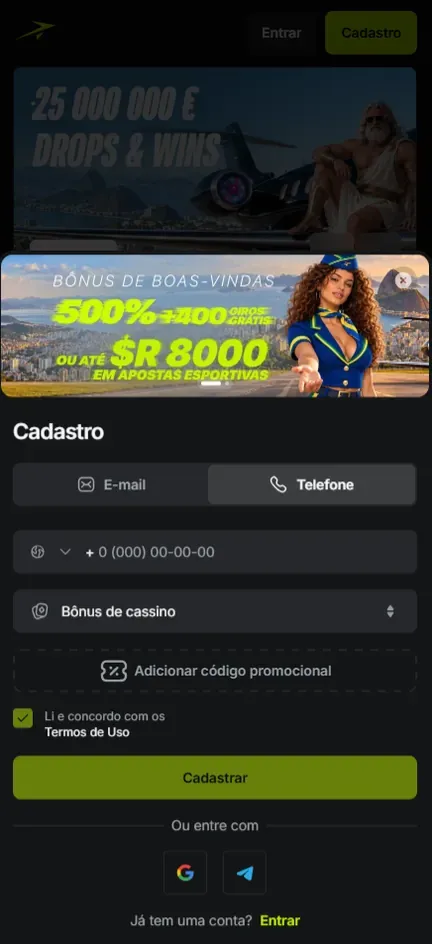 Aba Telefone do Cadastro da Jetton com campo de número e país, seletor Bônus de cassino e Adicionar código promocional, sob o banner 500% + 400 giros ou até R$ 8000 em apostas esportivas