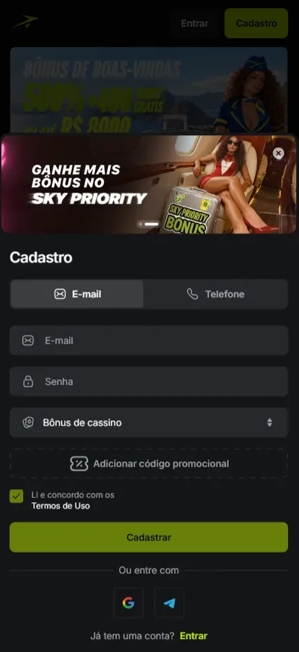 Formulário Cadastro da Jetton na aba E-mail com E-mail, Senha, seletor Bônus de cassino, botão pontilhado Adicionar código promocional e caixa dos Termos de Uso já marcada