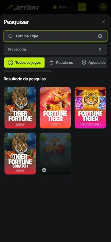 Painel Pesquisar da Jetton com Fortune Tiger digitado e cinco capas de tigre em Resultado da pesquisa