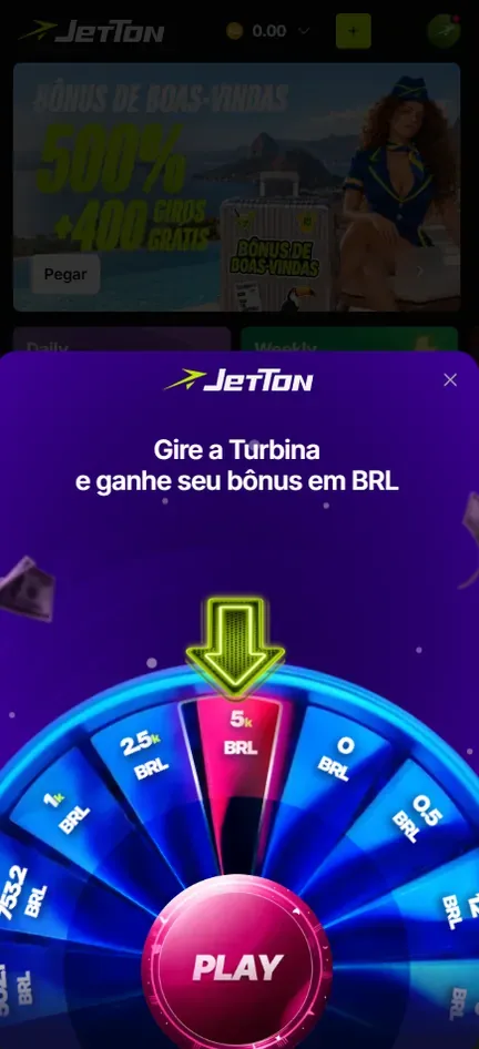 Janela Gire a Turbina e ganhe seu bônus em BRL com a roda de prêmios e o botão Play