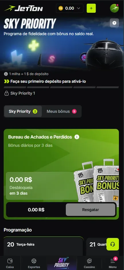 Tela Sky Priority da Jetton com 1 milha = 1 $ de depósito e o aviso Faça seu primeiro depósito para ativá-lo acima do nível 1 trancado