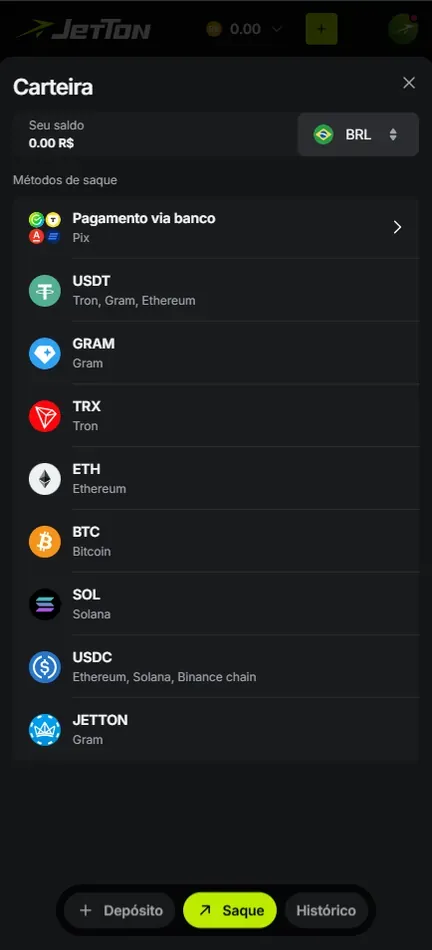 Aba Saque da Carteira da Jetton com saldo em R$, seletor BRL, Pagamento via banco Pix no topo e criptomoedas USDT, GRAM, TRX, ETH, BTC, SOL, USDC e JETTON